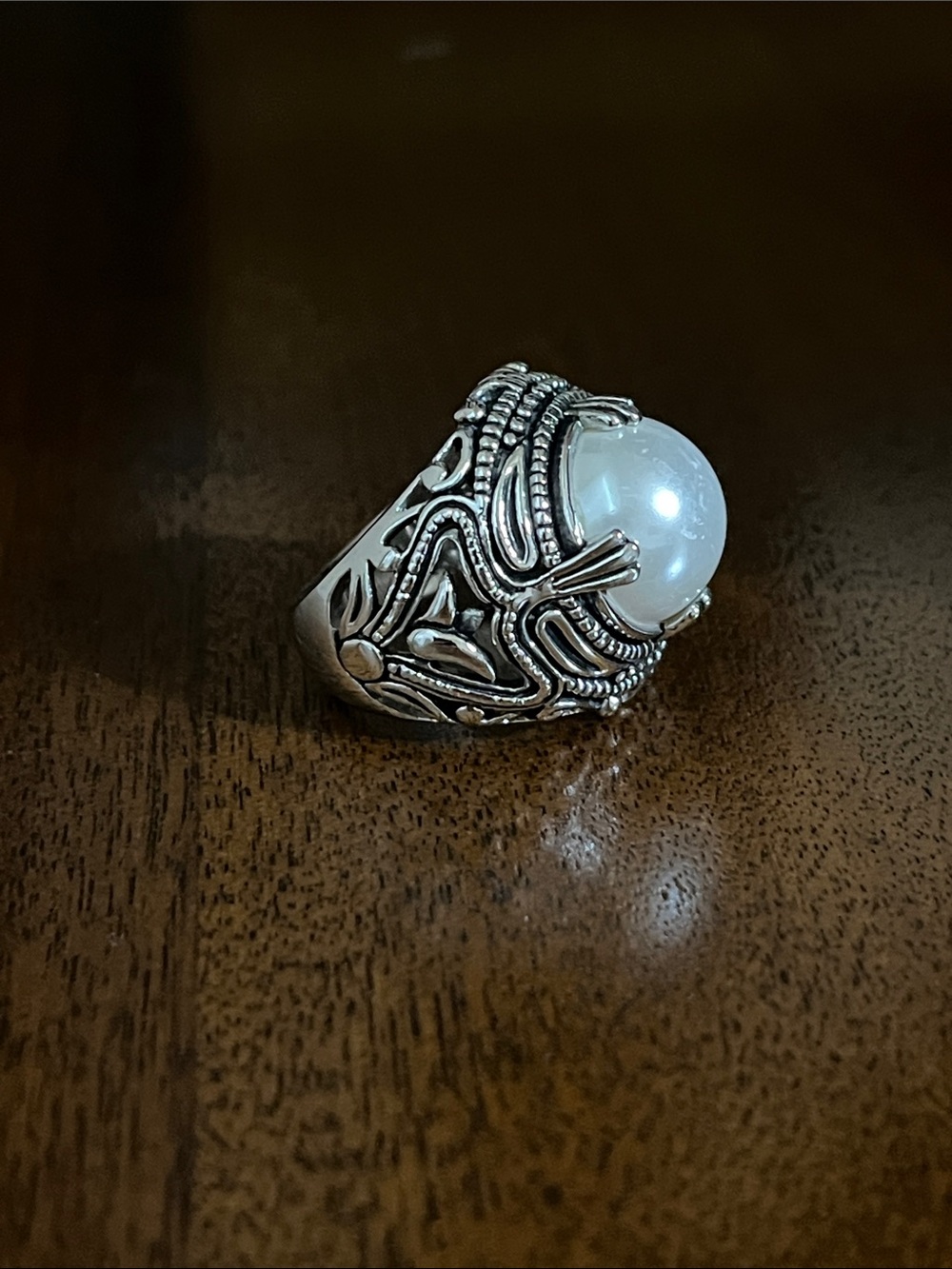 Premier Designs Silver Filigree Ring with Faux White Pearl